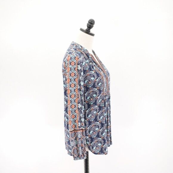 Ann Taylor Loft Blue Teal V-Neck Long Sleeve Floral Paisley Top Small Rayon - Picture 7 of 9